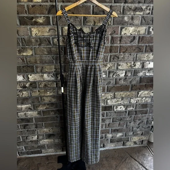 By Anthropologie Embroidered Plaid Jumpsuit Size 0 - Picture 6 of 12